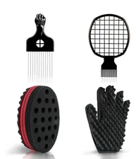 Hair Sponge Set with Curl Sponge Glove Metal Hair Pick and Hair Twist Comb for