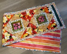 Patchwork Quilt Table Runner, Log Cabin, Triangles, Flower Prints, Multi Color