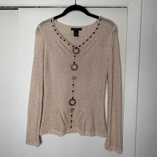 BCBGMaxazria Cream Knit V-Neck Sweater Long S...