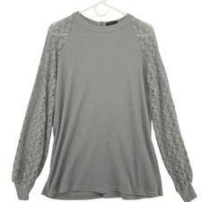 Miholl Womens Shirt Grey Gray Size Large Thermal Lace Long Sleeve Crewneck