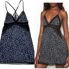 Victoria's Secret Slip Dress Y2K 90S Babydoll Gray Leopard Modal Black Lace Sz M