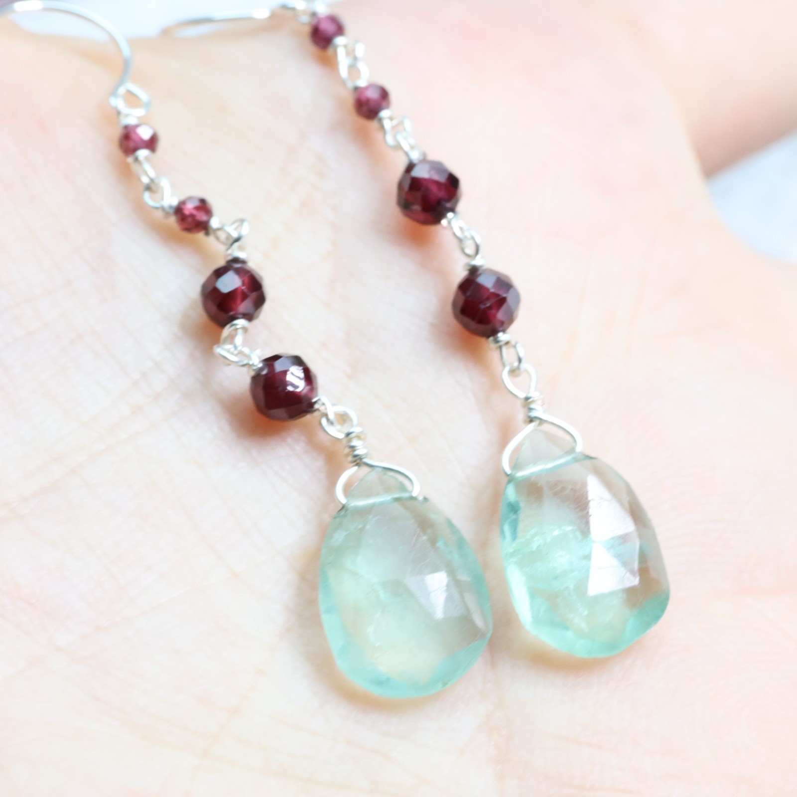 Boucles d'oreilles artisanales en grenat et fluorite précieuse modèle 2379