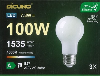 3x 7.3W (=100W) LED GLS A60 Natural White 4000K Edison Screw ES E27 Light Bulbs