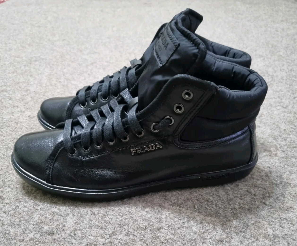 ​PRADA Milano Women Shoes Black Re-Nylon Polished Leather High Top Sneakers Sz 8 thumbnail 8