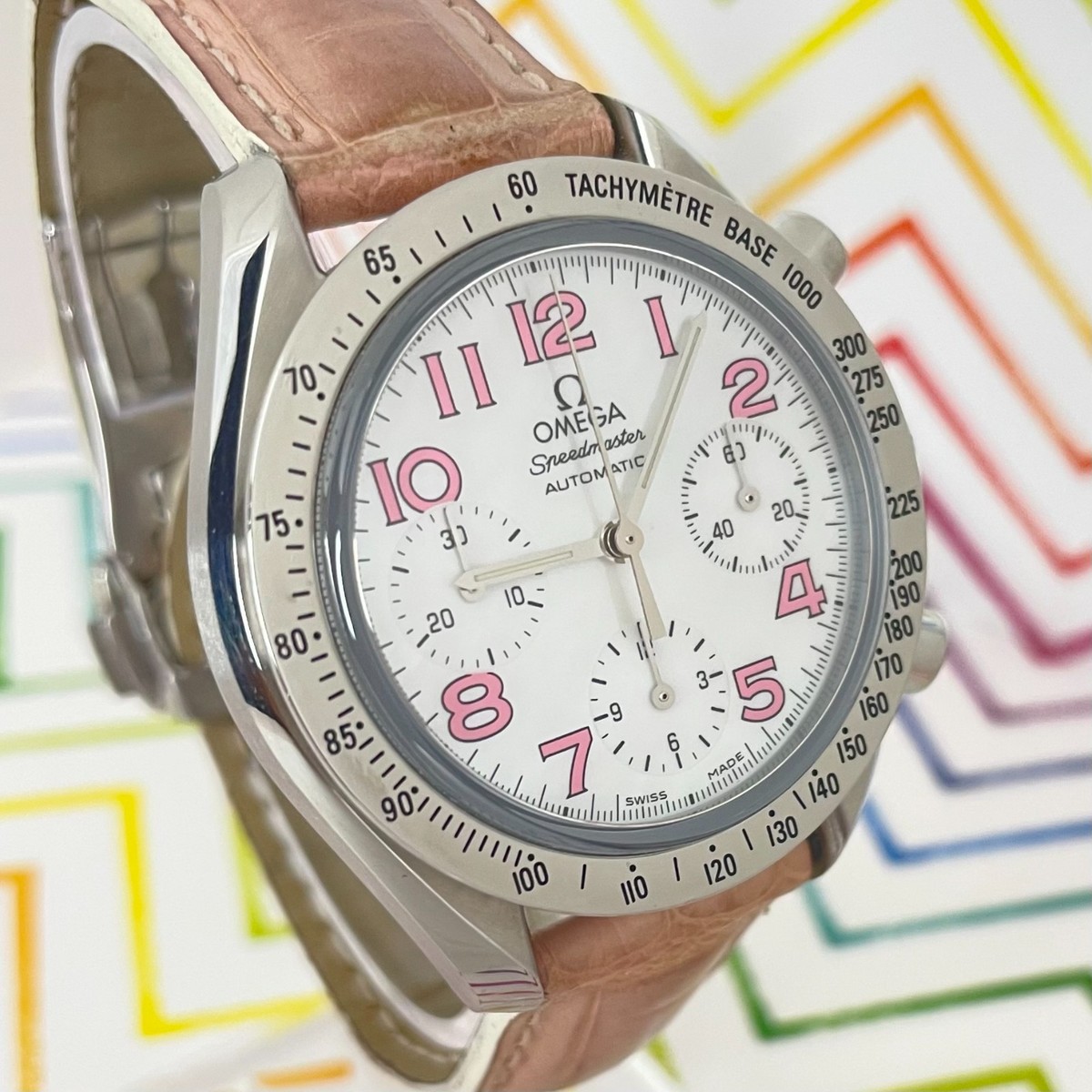 2000 OMEGA SPEEDMASTER MIAMI PINK ORIG LEATHER MOP DIAL 39MM STEEL