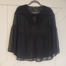 VTG 90s Y2K Black Sheer Lace Top Tiered Bell Sleeve Witchy Whimsigoth Goth Large