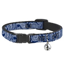 Cat Collar Breakaway with Bell Paisley Blue/White NARROW Fits 8.5-12"