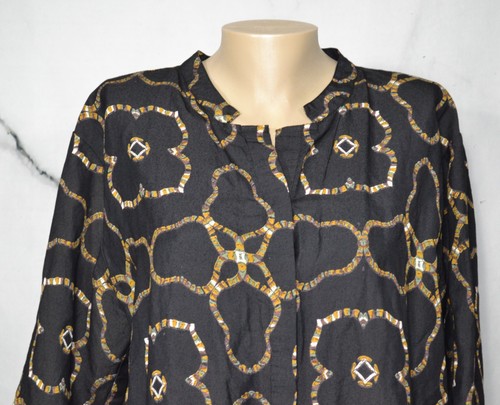 MASAI Black Multicolor Patterned Button Front Shirt Medium 3/4 Slv Nehru Collar - Picture 2 of 9