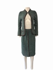 Vintage Oscar De La Renta Skirt Suit Sz 6 Knitted Crochet 60 s Olive Green Brown