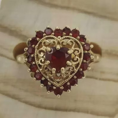 Vintage Garnet Heart Ring Gold Tone Filigree Victorian Statement Ring for Her US