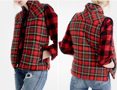 J Crew Tartan Mountain Puffer Vest Women's XXS Multicolor Velvet Trim Travel