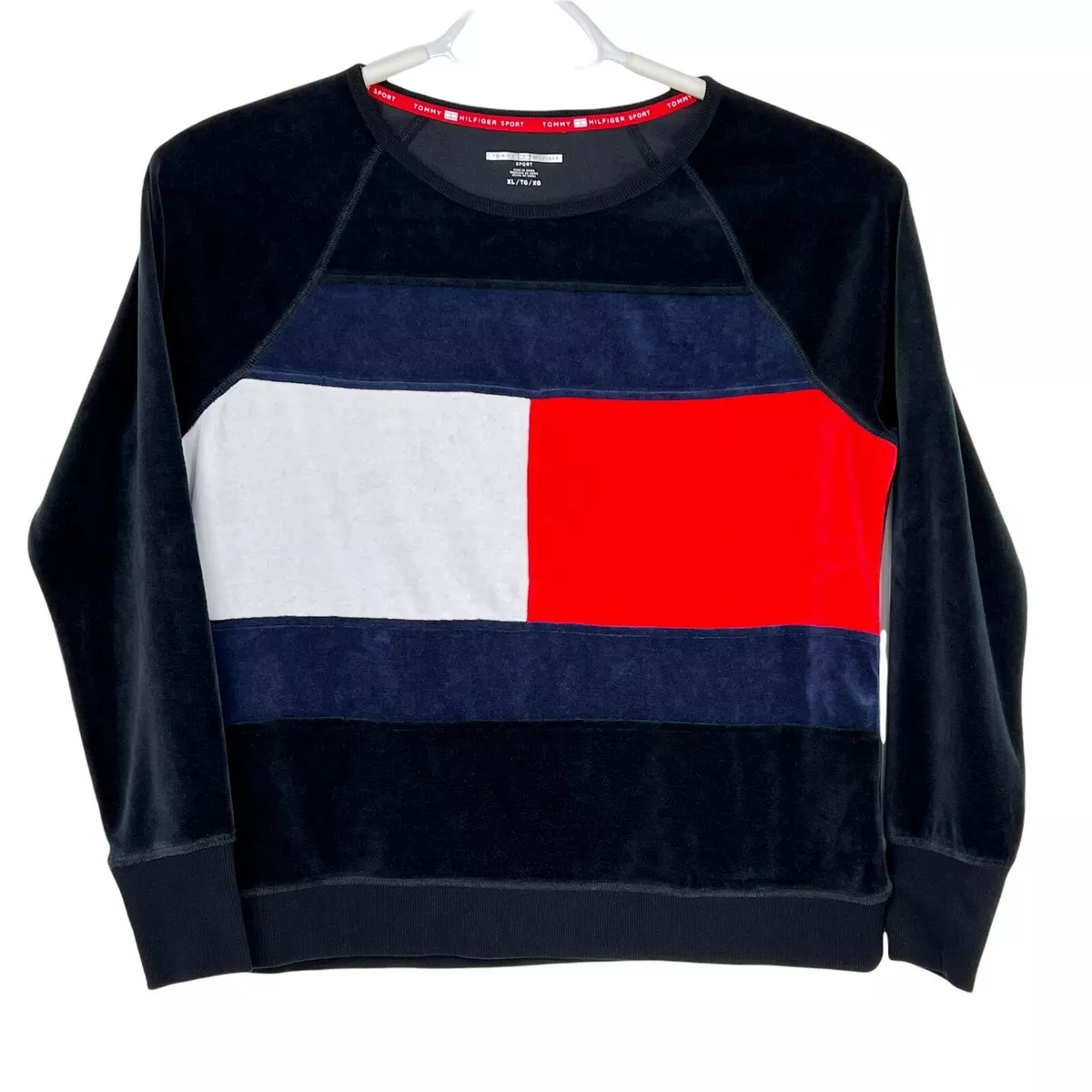 Tommy Hilfiger Sport Black Velour Big Logo Long Sleeve Pullover