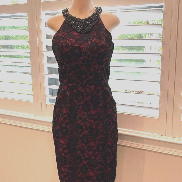 Boston Proper Black Lace/Red Lining Dress W/Black Stone Neckline
