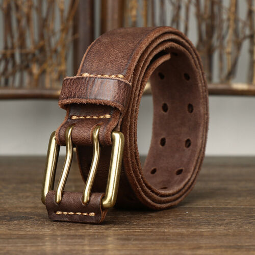 Men Double Prong Brass Buckle Leather Belt Casual Pant Jean Waistband Chic Gifts - Photo 1/16