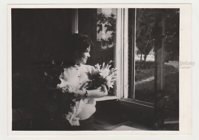Pretty Attractive Young Woman Cute Girl w/ Flowers Windows Nice Shadows Snapshot