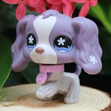 Pet Shop LPS Cocker Spaniel 1209 Purple Dog Blue Flower Eyes with Collar Rare
