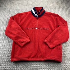 Vintage Tommy Hilfiger Fleece Sweater Men Large L Red Embroidered Spell Out Y2K