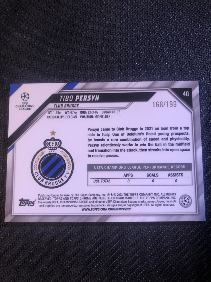 2021-22 Topps Chrome UCL Aqua Refractor /199 Tibo Persyn #40 Rookie RC - Image 2 of 2