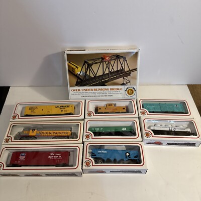 Lot of 8 Bachmann HO Scale Vintage Trains & Blinking Bridge Untested!