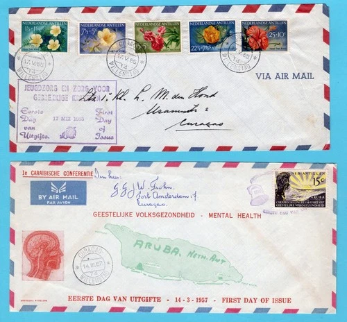 NETHERLANDS ANTILLES 2 FDC's Flowers 1955 and Health 1957 Willemstad, Curaçao