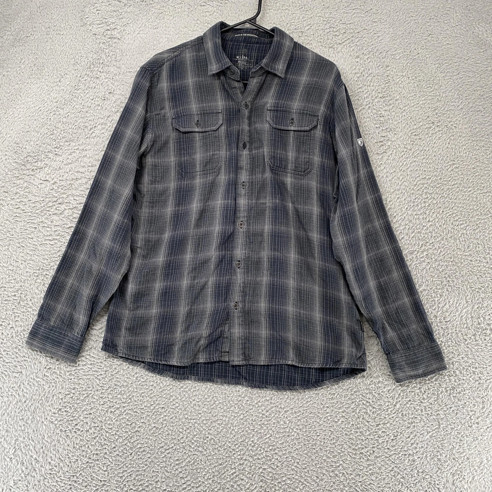 Kuhl Plaid Shirt Mens Medium Gray Cotton Long Sleeve Button Up Hiking Outdoor