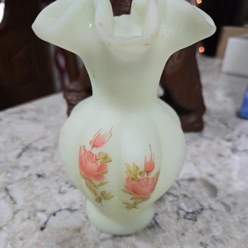Fenton Custard Ruffled Edge Vase Floral Hand Painted And Signed 5 1/2" Tall