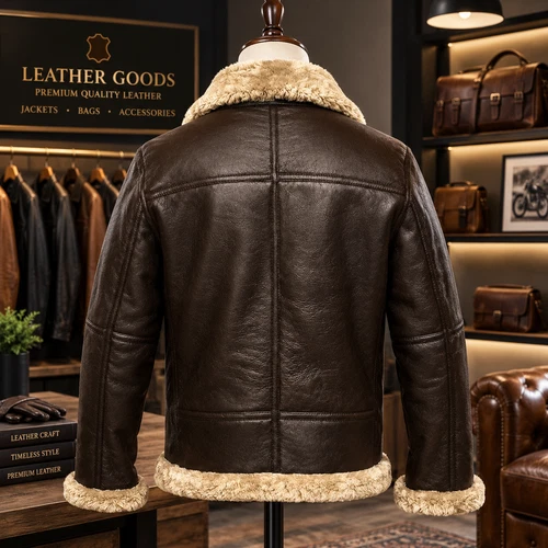 Men's B3 Shearling Bomber Jacket Black Brown Leather Aviator Pilot Winter Coat image 2