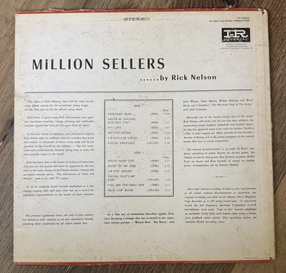 Ricky Nelson Million Sellers Vinyl Stereo Imperial 1963 - Image 2 of 4