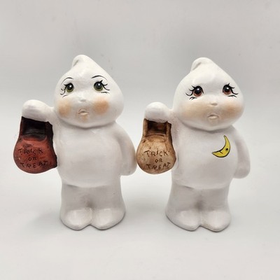 Set of 2 Vintage Halloween Ceramic Ghost Trick Or Treat Figures 4'' Hand Painted