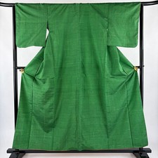 JAPANESE KIMONO TSUMUGI GREEN 158cm 5 ft 2 in PURE SILK FF11885