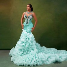 Luxury Mint Mermaid Ball Dress Crystal Bead Layered Pleat Evening Dress Wedding