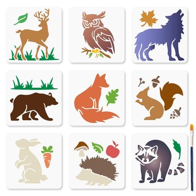 9Pcs Forest Animal Stencils 6x6inch Deer Bear Owl Wolf Template Reusable Hedg...