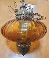 VTG Mid Century Modern Amber Optic Glass UFO Flying Saucer Hanging Swag Lamp 60s