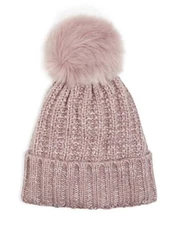 Kyi Kyi Bobble Beanie Hat Navy Blue Faux Fur Pom Pom Winter Cozy Knit