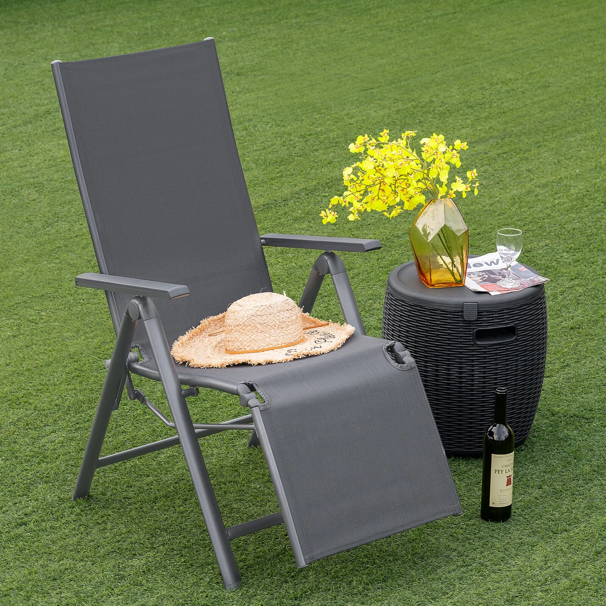Patiojoy Patio Foldable Reclining Chair W Adjustable Backrest Footrest Gray