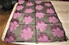 Oblong scarf; sheer black with large pink embroidered flowers; 72 x 26