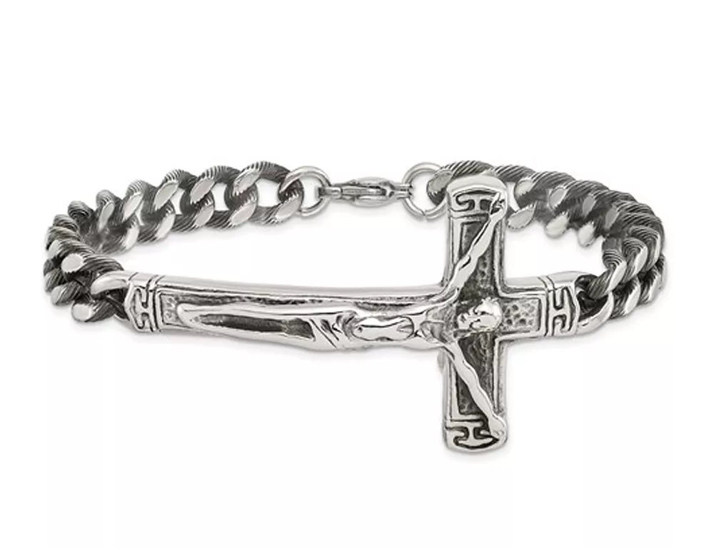 Mens Stainless Steel Antiqued Cross Bracelet 8.75 Inches
