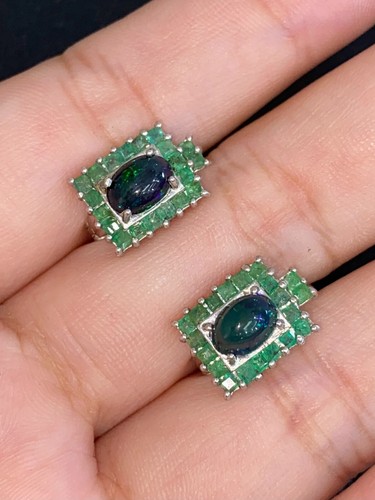 NATURAL BLACK FIRE OPAL7X5 EMERALD SET STERLING SILVER925 RING EARRING PENDENTS - 第 5/14 張圖片