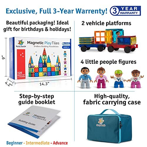 Magnetic Tiles 125pcs + 4 Figures, Magnetic Tiles for Kids, Toy for 3 4 5 6 7 - Picture 4 of 8