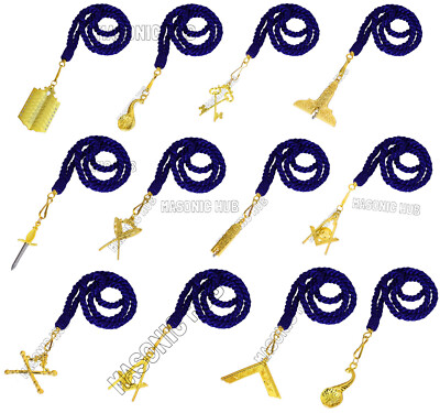 Masonic Master Mason Blue Lodge Jewel Neck Cord With 12 Jewels Set Gold Jewels