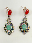 Vintage 925 Scarab Jade, Carnelian Marcasite Dangle Drop Stud Earrings (n1400)