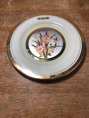 The Art Of Chokin White Trinket Plate 24K Gold Edged W/A Hummingbird/ 3.5''
