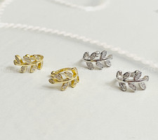 S925 Sterling Silver Gold Silver Tone CZ Twig Leaf Clip on Ear Cuff no piercing