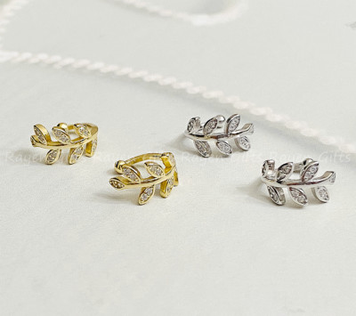 S925 Sterling Silver Gold Silver Tone CZ Twig Leaf Clip on Ear Cuff no piercing