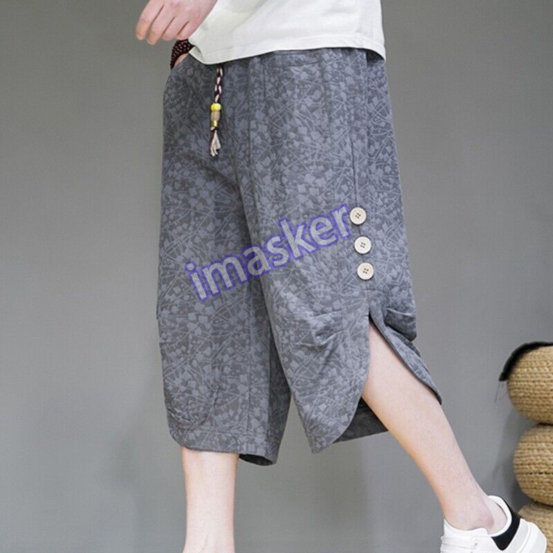 Japanese Cotton Linen Wide-Leg Crop Pants for Men
