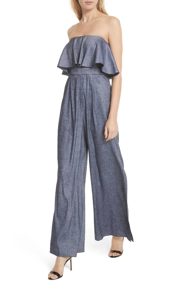 MILLY Azul Denim Cambray Volantes Popover Sin Tirantes Pierna Abierta Pantalón Mono 6 Usado en Excelente Condición Foto 3 de 4