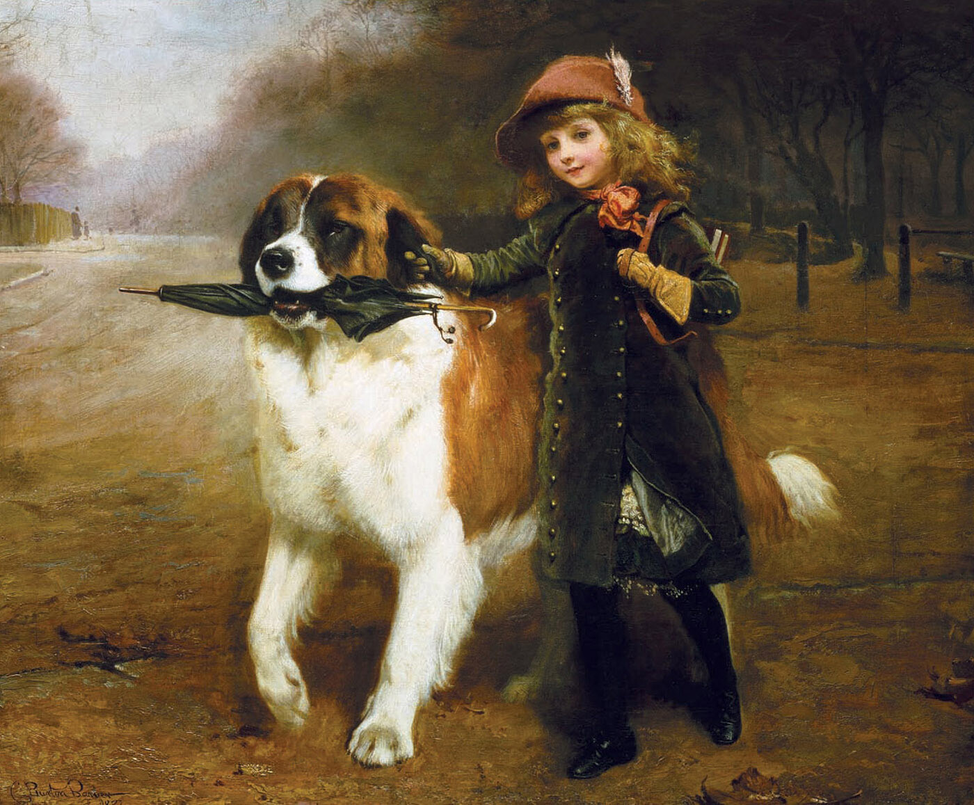 Victorian Charles Burton Barber Off To School Walking Umbrella Brown Dog Art  