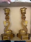 Pair Vintage Amber Westmoreland Dolphin Glass Candlestick Holder Koi fish