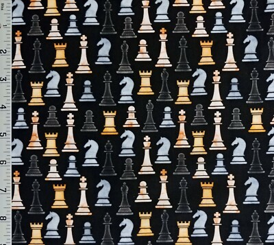 Ebony Chess Checkmate Robert Kaufman Cotton Fabric Pawn Rook Bishop Knight Queen