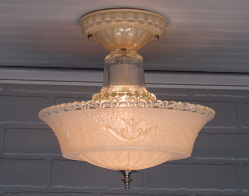 Vintage Art Deco Glass Ceiling Light Peachy Pink Rewired UL Semi Flush Mount 11" - Picture 4 of 12